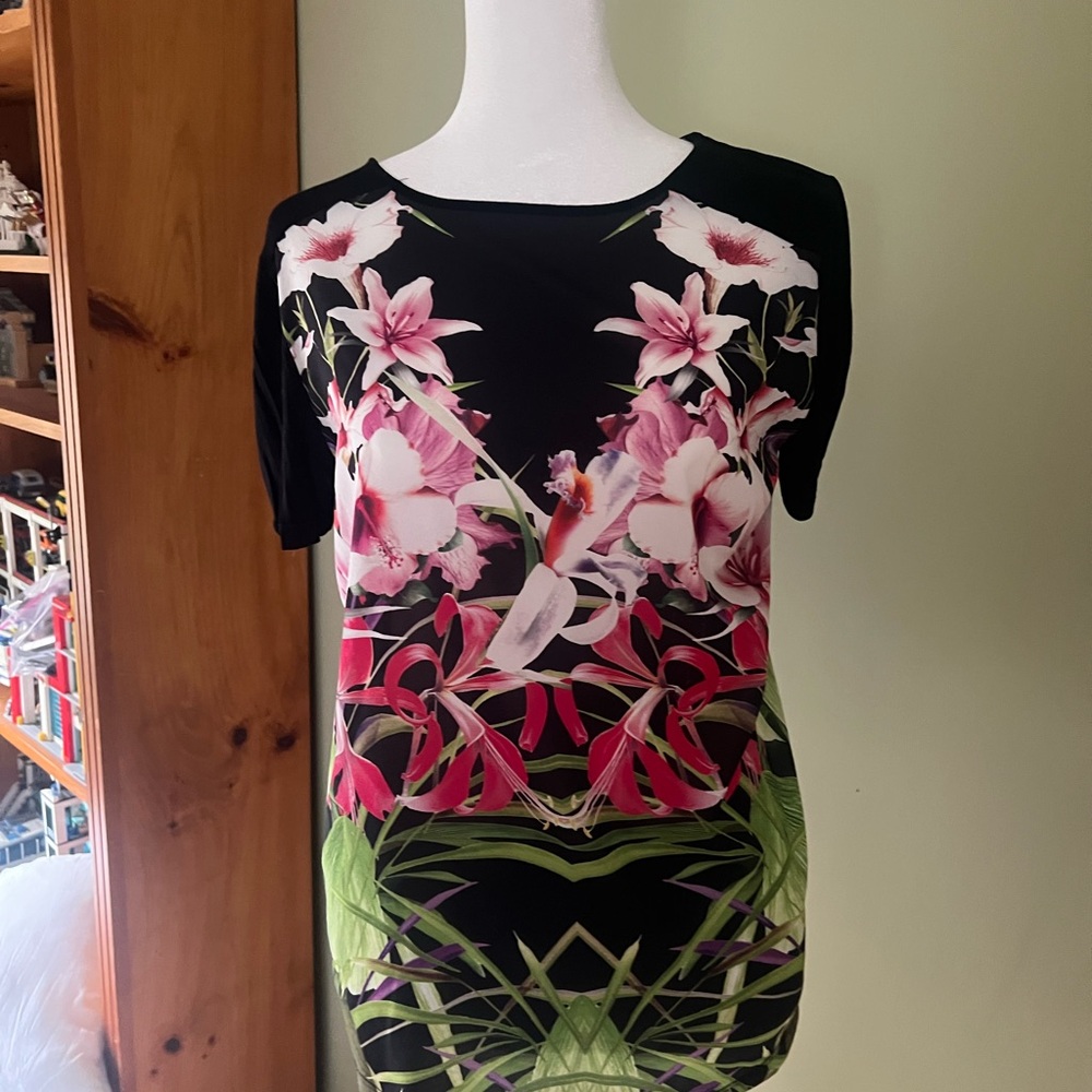 Ted Baker Black and Pink Floral Short Sleeve Top